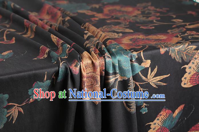 Chinese Classical Peony Butterfly Pattern Silk Drapery Qipao Dress Gambiered Guangdong Gauze Traditional Black Brocade Fabric