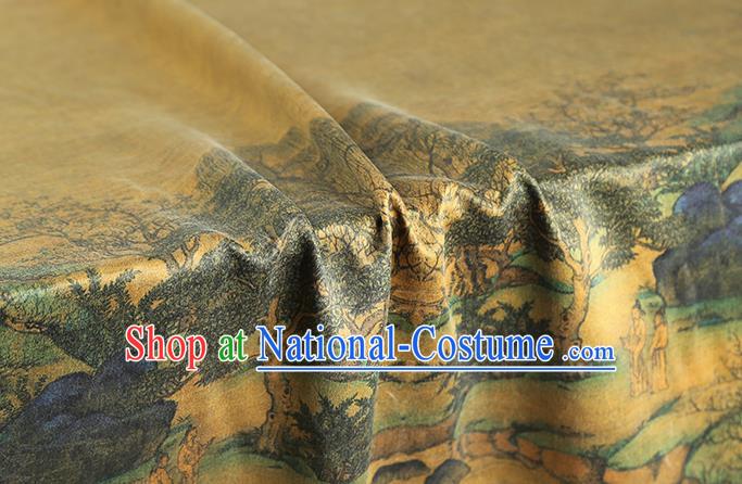 Chinese Satin Fabric Classical Landscape Pattern Yellow Silk Drapery Traditional Qipao Dress Brocade