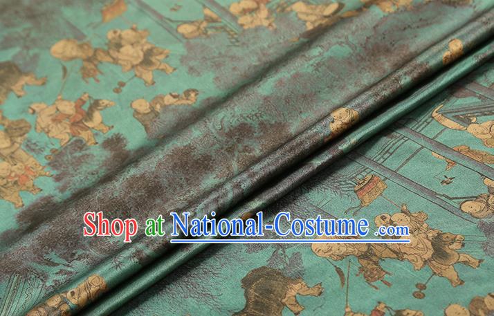 Chinese Traditional Blue Brocade Fabric Classical Hundred Boys Pattern Silk Drapery Qipao Dress Satin Cloth