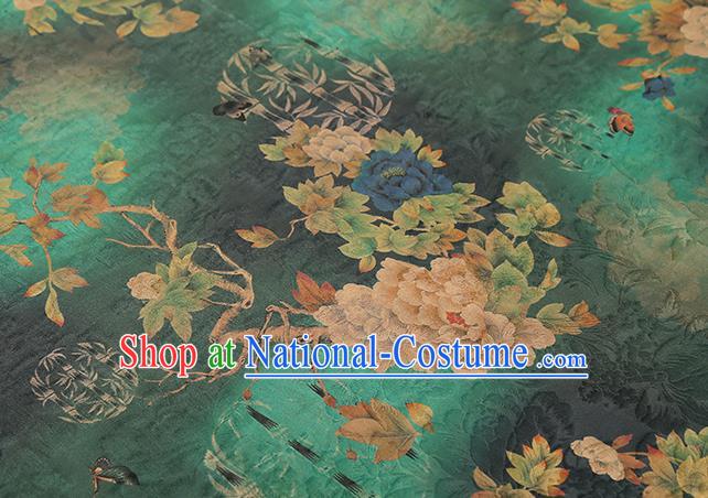 Chinese Classical Peony Pattern Green Silk Drapery Traditional Qipao Dress Gambiered Guangdong Gauze Fabric