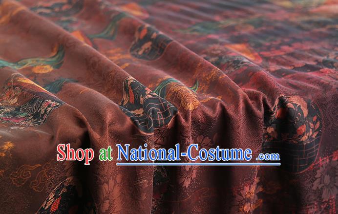 Chinese Classical Cranes Pattern Silk Fabric Gambiered Guangdong Gauze Traditional Qipao Dress Maroon Brocade Cloth