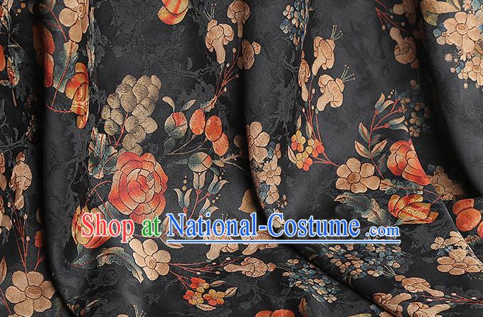 Chinese Classical Dahlia Pattern Silk Drapery Black Gambiered Guangdong Gauze Traditional Qipao Dress Fabric