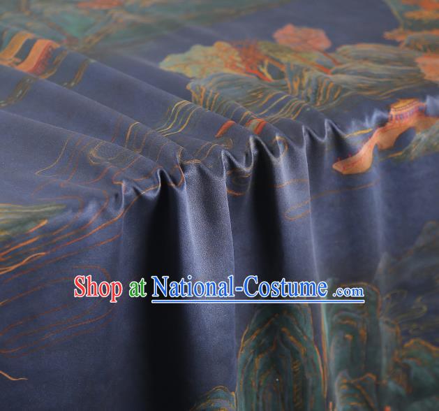 Chinese Traditional Blue Gambiered Guangdong Gauze Qipao Dress Cloth Classical Landscape Pattern Silk Fabric