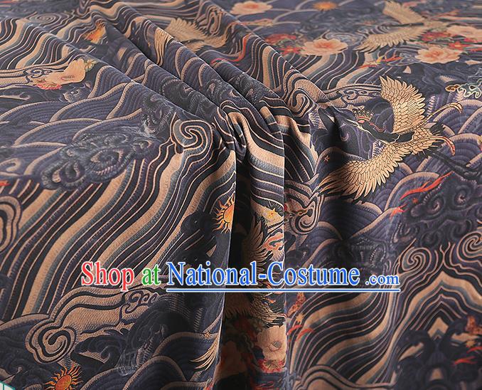 Chinese Qipao Dress Navy Brocade Cloth Traditional Gambiered Guangdong Gauze Classical Wave Cranes Pattern Silk Fabric