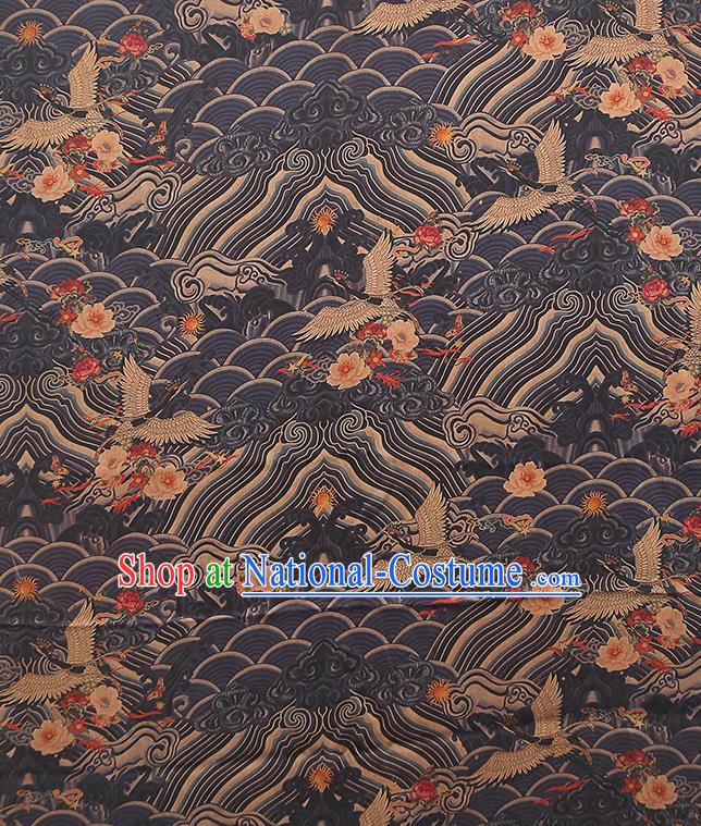 Chinese Qipao Dress Navy Brocade Cloth Traditional Gambiered Guangdong Gauze Classical Wave Cranes Pattern Silk Fabric