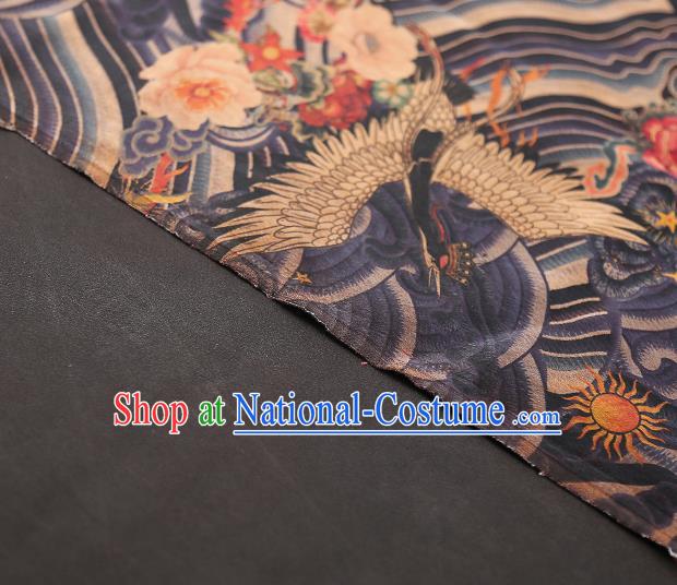 Chinese Qipao Dress Navy Brocade Cloth Traditional Gambiered Guangdong Gauze Classical Wave Cranes Pattern Silk Fabric