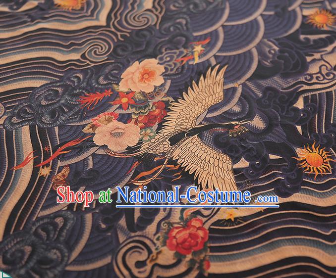 Chinese Qipao Dress Navy Brocade Cloth Traditional Gambiered Guangdong Gauze Classical Wave Cranes Pattern Silk Fabric