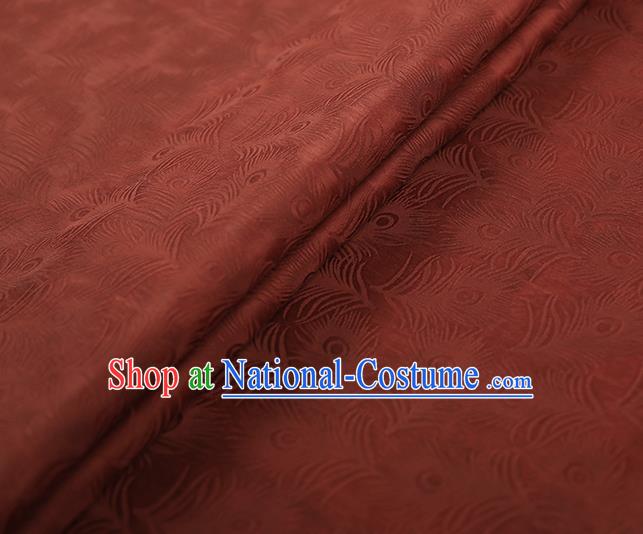 Chinese Classical Feather Pattern Rust Red Silk Fabric Traditional Gambiered Guangdong Gauze Qipao Dress Jacquard Satin Cloth