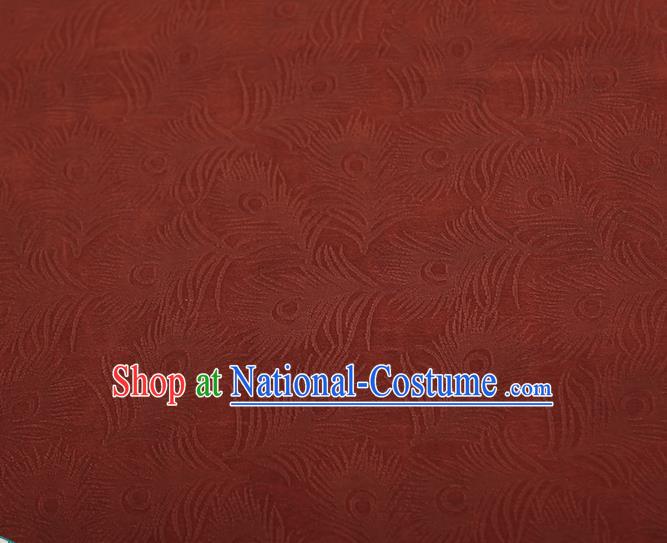 Chinese Classical Feather Pattern Rust Red Silk Fabric Traditional Gambiered Guangdong Gauze Qipao Dress Jacquard Satin Cloth