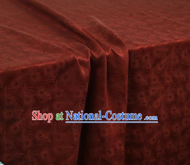 Chinese Classical Feather Pattern Rust Red Silk Fabric Traditional Gambiered Guangdong Gauze Qipao Dress Jacquard Satin Cloth