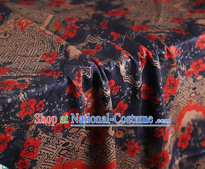 Chinese Traditional Navy Blue Brocade Cloth Qipao Dress Classical Plum Blossom Pattern Silk Fabric Gambiered Guangdong Gauze