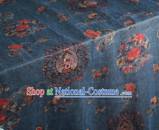 Chinese Gambiered Guangdong Gauze Qipao Dress Classical Crane Peony Pattern Silk Fabric Traditional Blue Brocade Cloth