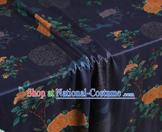 Chinese Traditional Cheongsam Deep Blue Brocade Material Classical Roses Pattern Silk Fabric