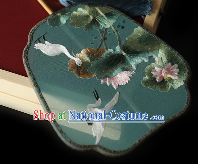 China Handmade Embroidered Crane Lotus Fans Ancient Princess Palace Fan Traditional Hanfu Green Silk Fan