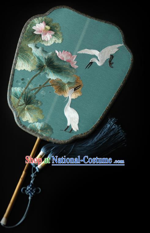 China Handmade Embroidered Crane Lotus Fans Ancient Princess Palace Fan Traditional Hanfu Green Silk Fan