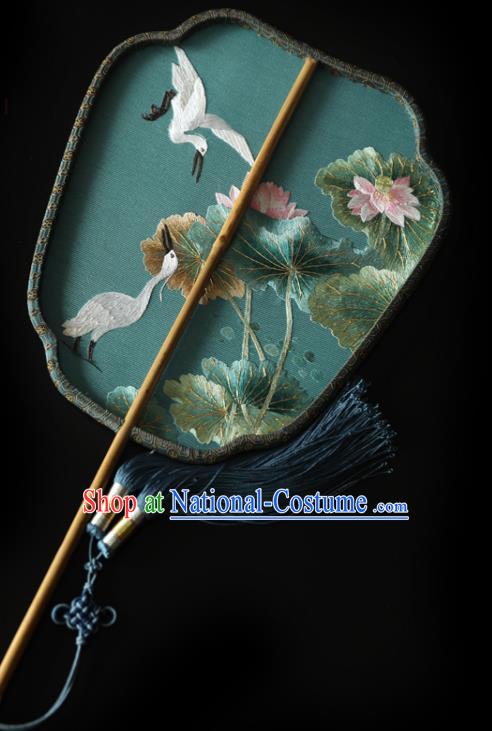 China Handmade Embroidered Crane Lotus Fans Ancient Princess Palace Fan Traditional Hanfu Green Silk Fan