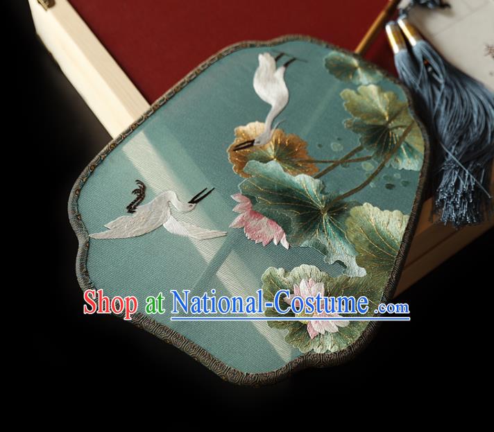 China Handmade Embroidered Crane Lotus Fans Ancient Princess Palace Fan Traditional Hanfu Green Silk Fan