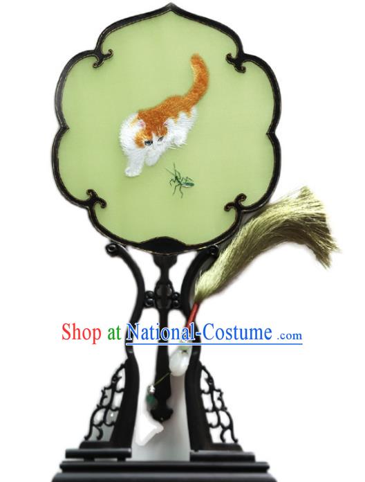 China Ancient Princess Palace Fan Traditional Hanfu Green Silk Fan Handmade Embroidered Cat Fan