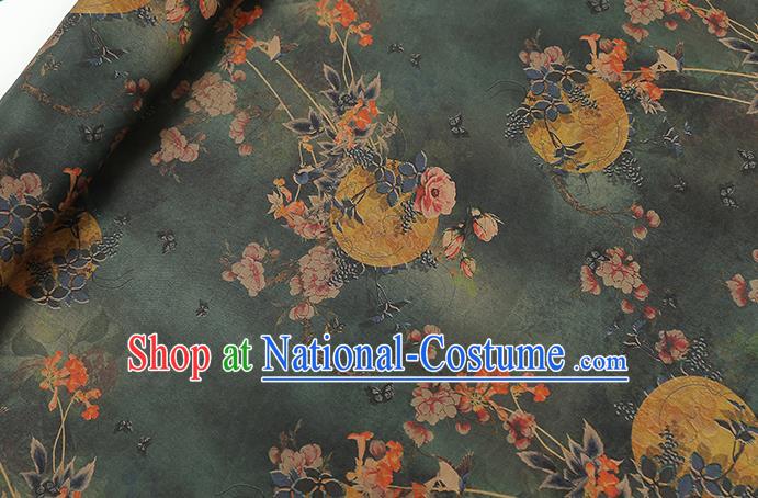 Chinese Classical Moon Flowers Pattern Green Gambiered Guangdong Gauze Drapery Traditional Qipao Dress Silk Fabric