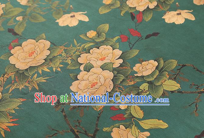 Chinese Gambiered Guangdong Gauze Qipao Dress Brocade Fabric Traditional Classical Camellia Pattern Green Silk Drapery