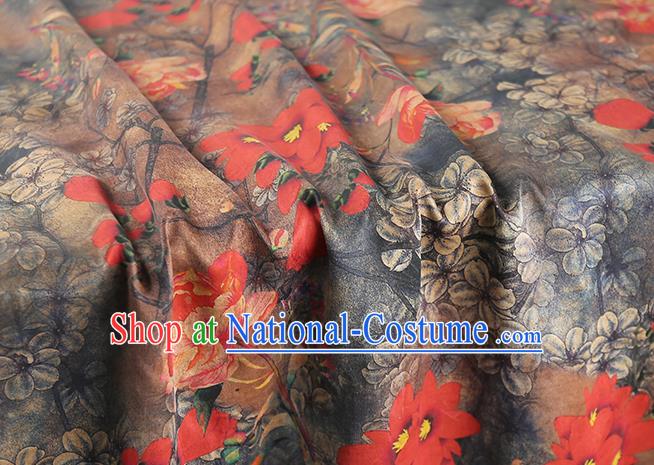 Chinese Classical Red Flowers Pattern Gambiered Guangdong Gauze Traditional Qipao Dress Grey Silk Fabric