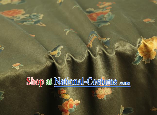 Chinese Classical Phoenix Peony Pattern Gambiered Guangdong Gauze Drapery Traditional Qipao Dress Olive Green Silk Fabric