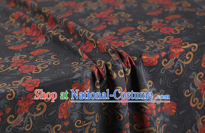 Chinese Classical Black Silk Fabric Traditional Qipao Dress Flowers Pattern Gambiered Guangdong Gauze Material