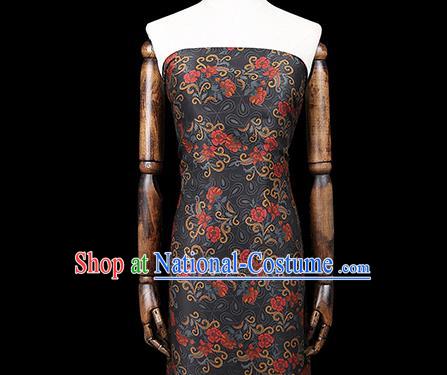 Chinese Classical Black Silk Fabric Traditional Qipao Dress Flowers Pattern Gambiered Guangdong Gauze Material