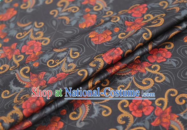 Chinese Classical Black Silk Fabric Traditional Qipao Dress Flowers Pattern Gambiered Guangdong Gauze Material