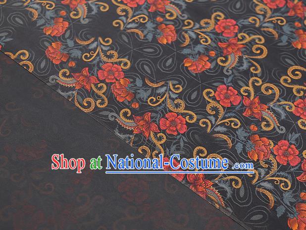 Chinese Classical Black Silk Fabric Traditional Qipao Dress Flowers Pattern Gambiered Guangdong Gauze Material