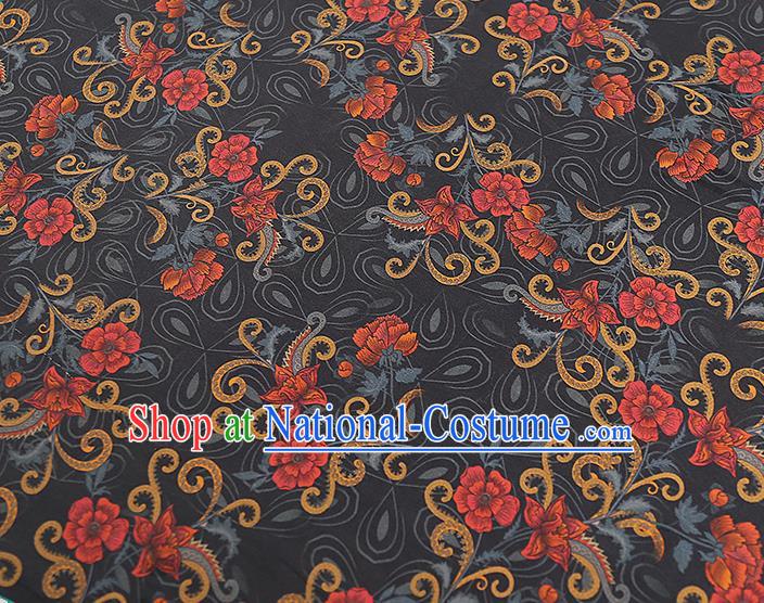 Chinese Classical Black Silk Fabric Traditional Qipao Dress Flowers Pattern Gambiered Guangdong Gauze Material