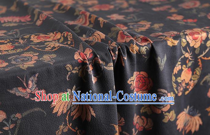 Chinese Chrysanthemum Pattern Black Gambiered Guangdong Gauze Traditional Qipao Dress Cloth Classical Silk Fabric