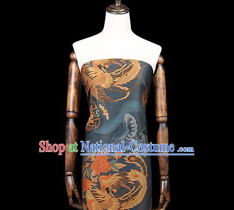 Chinese Classical Printing Phoenix Peony Gambiered Guangdong Gauze Traditional Qipao Dress Navy Silk Fabric