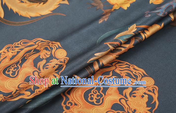 Chinese Classical Printing Phoenix Peony Gambiered Guangdong Gauze Traditional Qipao Dress Navy Silk Fabric