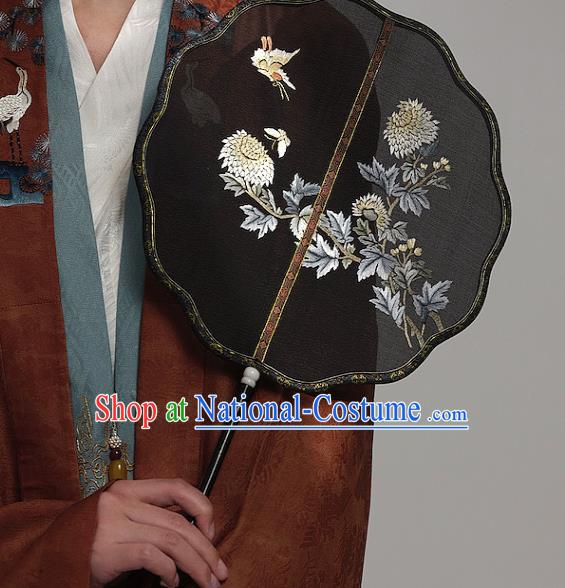 China Traditional Hanfu Black Silk Palace Fan Ancient Wedding Bride Fan Handmade Embroidered Chrysanthemum Fans