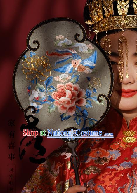 China Handmade Embroidered Phoenix Peony Fans Traditional Wedding Hanfu Silk Palace Fan Ancient Bride Ebony Fan