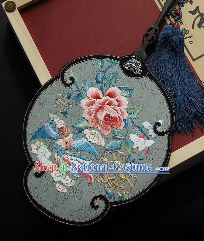 China Handmade Embroidered Phoenix Peony Fans Traditional Wedding Hanfu Silk Palace Fan Ancient Bride Ebony Fan