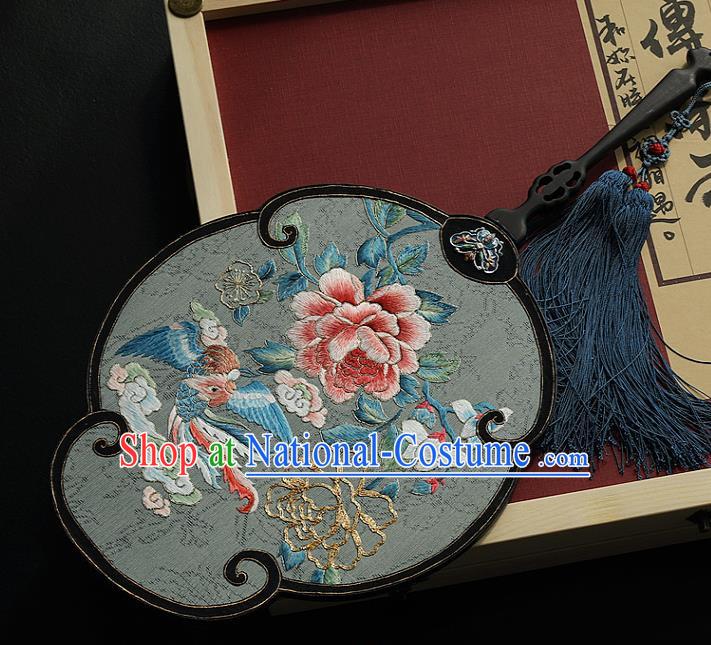 China Handmade Embroidered Phoenix Peony Fans Traditional Wedding Hanfu Silk Palace Fan Ancient Bride Ebony Fan