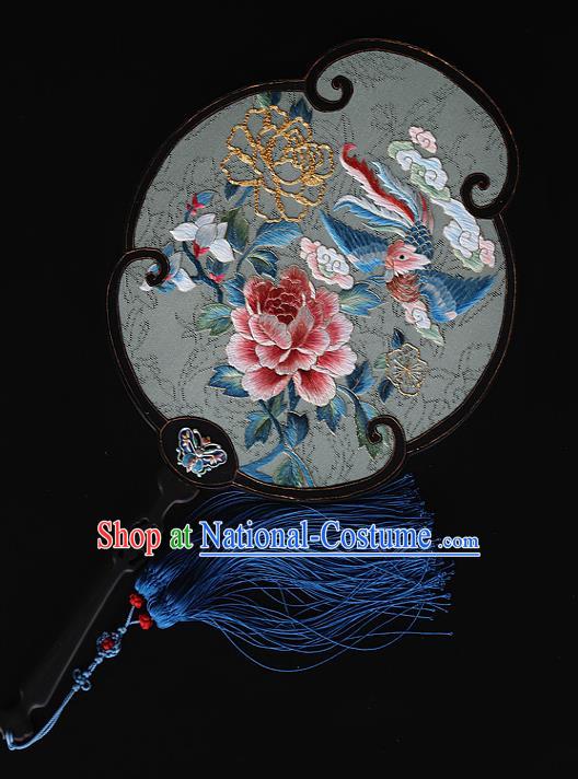 China Handmade Embroidered Phoenix Peony Fans Traditional Wedding Hanfu Silk Palace Fan Ancient Bride Ebony Fan