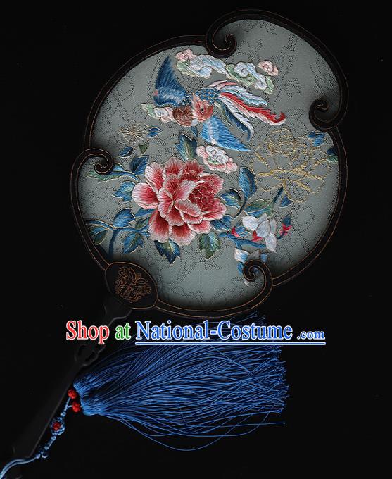 China Handmade Embroidered Phoenix Peony Fans Traditional Wedding Hanfu Silk Palace Fan Ancient Bride Ebony Fan