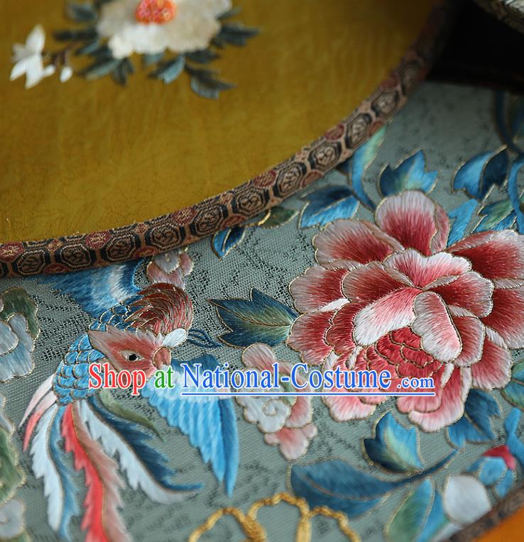 China Handmade Embroidered Phoenix Peony Fans Traditional Wedding Hanfu Silk Palace Fan Ancient Bride Ebony Fan