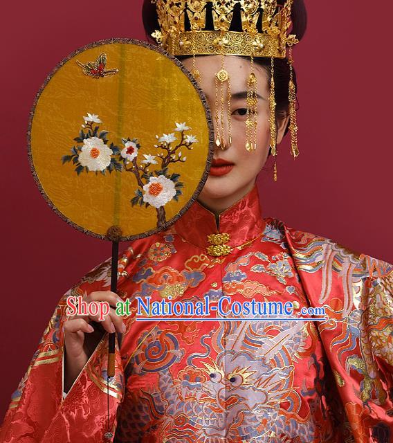 China Ancient Bride Ebony Fan Handmade Embroidered Fans Traditional Wedding Hanfu Yellow Silk Palace Fan