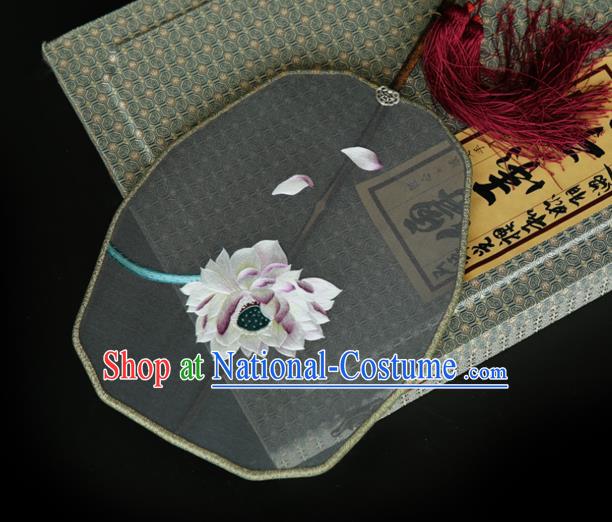 China Traditional Hanfu Palace Fan Ancient Court Princess Grey Silk Fan Handmade Embroidered Lotus Fans