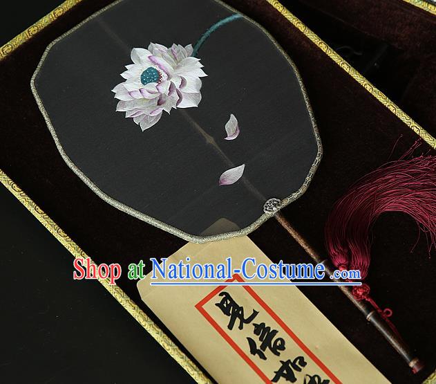 China Traditional Hanfu Palace Fan Ancient Court Princess Grey Silk Fan Handmade Embroidered Lotus Fans