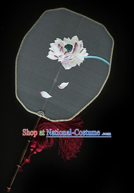 China Traditional Hanfu Palace Fan Ancient Court Princess Grey Silk Fan Handmade Embroidered Lotus Fans