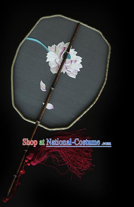 China Traditional Hanfu Palace Fan Ancient Court Princess Grey Silk Fan Handmade Embroidered Lotus Fans