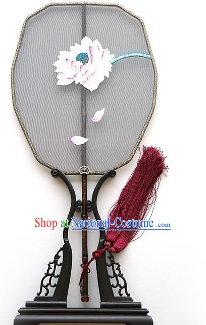 China Traditional Hanfu Palace Fan Ancient Court Princess Grey Silk Fan Handmade Embroidered Lotus Fans