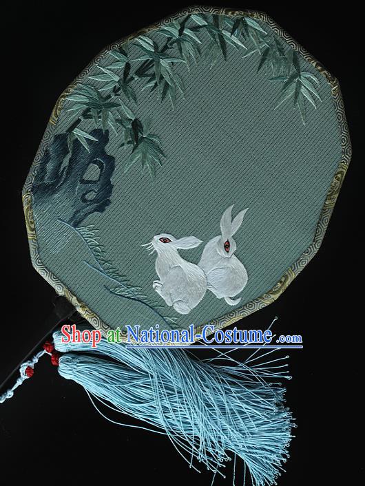 China Handmade Embroidered Rabbit Bamboo Fans Ancient Court Princess Fan Traditional Hanfu Green Silk Palace Fan