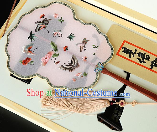 China Traditional Hanfu Rosewood Palace Fan Ancient Court Princess Silk Fan Handmade Embroidered Butterfly Fans