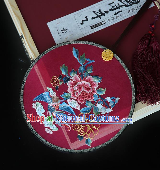 China Handmade Embroidered Phoenix Peony Circular Fans Traditional Hanfu Palace Fan Ancient Court Princess Wine Red Silk Fan